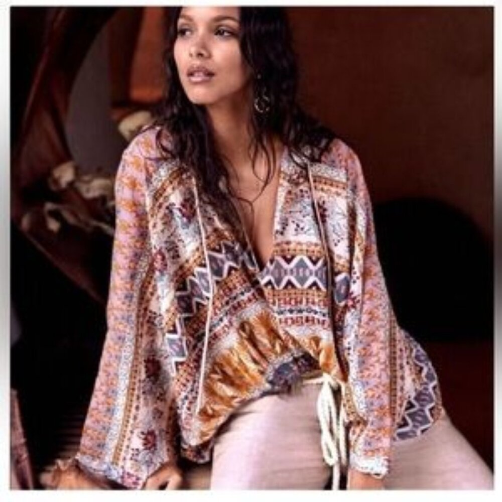 Free People Boho Lightweight Hooded Hold On Tight Cotton Hoodie V Neck